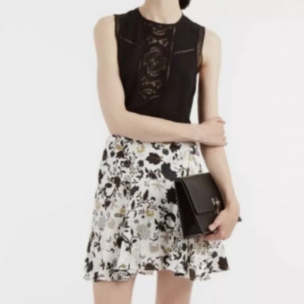 A.L.C. Brien NWT Skirt Black White Floral Print Stretch Silk Flouncy Mini Skirt